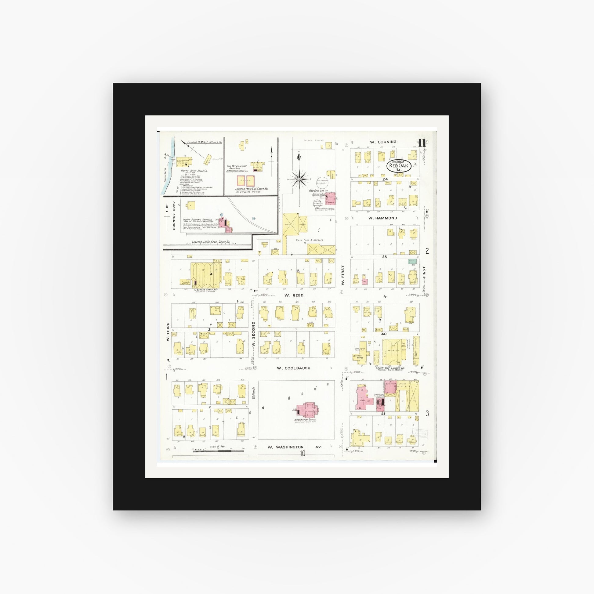 Old map wall art mockup — black gallery frame with white mat — Sanborn Fire Insurance Map from Red Oak, Montgomery County, Iowa (1908), Sheet #0011