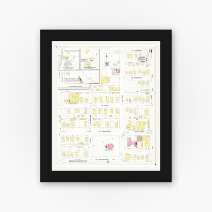 Old map wall art mockup — black gallery frame with white mat — Sanborn Fire Insurance Map from Red Oak, Montgomery County, Iowa (1908), Sheet #0011