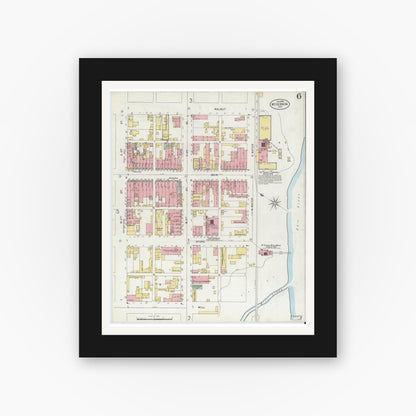 Old map wall art mockup — black gallery frame with white mat — Sanborn Fire Insurance Map from Mount Vernon, Posey County, Indiana (1899), Sheet #0006