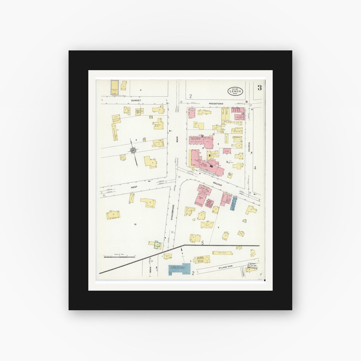 Old map wall art mockup — black gallery frame with white mat — Sanborn Fire Insurance Map from Lenox, Berkshire County, Massachusetts (1911), Sheet #0003