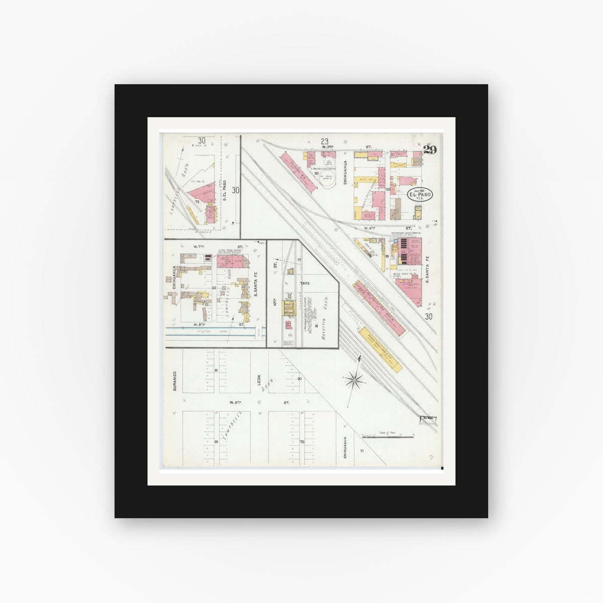 Old map wall art mockup — black gallery frame with white mat — Sanborn Fire Insurance Map from El Paso, El Paso County, Texas (1905), Sheet #0029