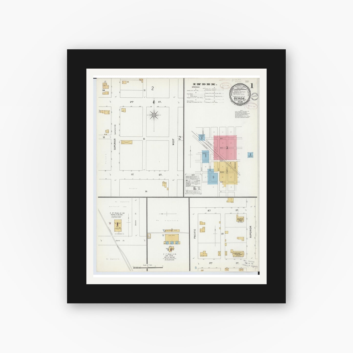Old map wall art mockup — black gallery frame with white mat — Sanborn Fire Insurance Map from Genoa, Ottawa County, Ohio (1899), Sheet #0001