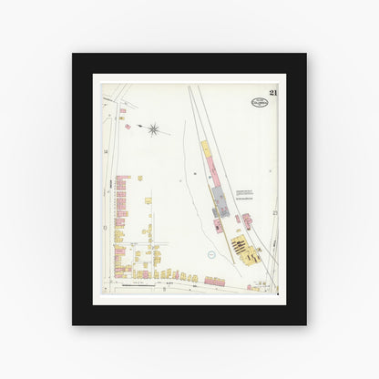 Old map wall art mockup — black gallery frame with white mat — Sanborn Fire Insurance Map from Columbia, Lancaster County, Pennsylvania (1904), Sheet #0021
