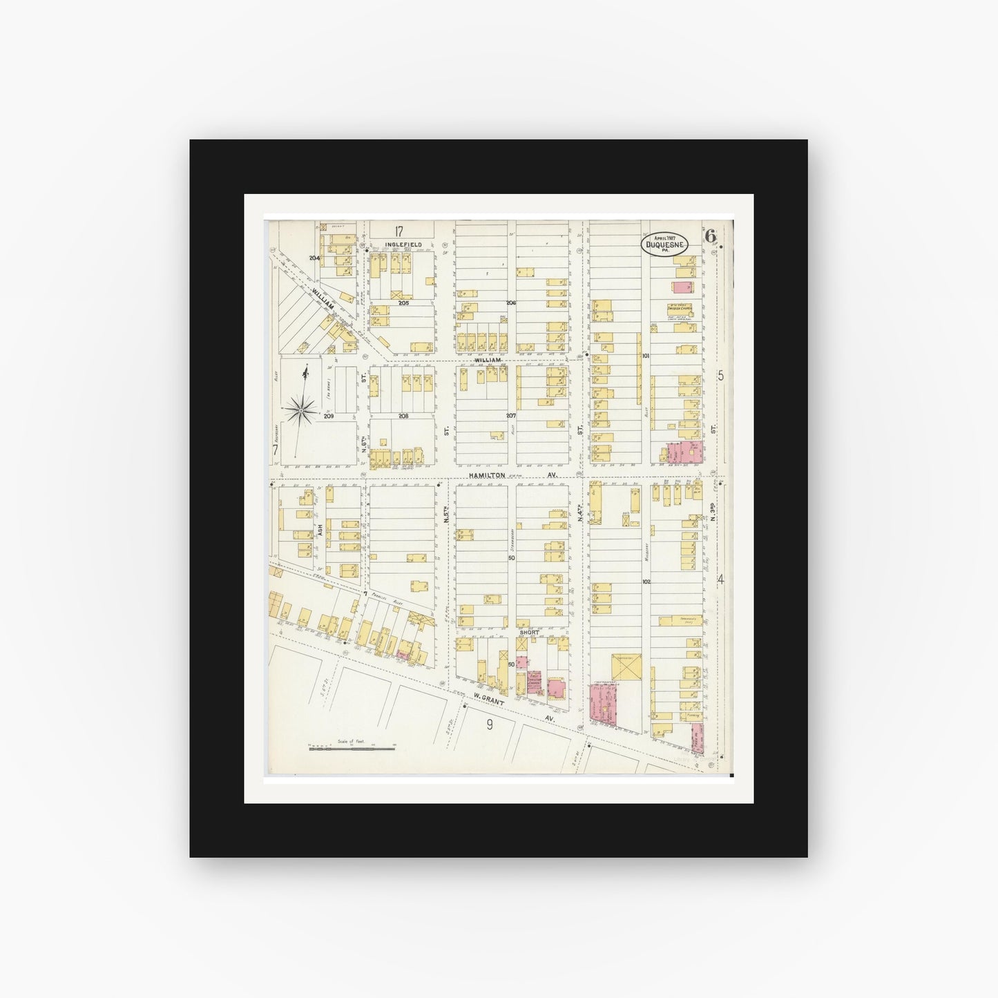 Old map wall art mockup — black gallery frame with white mat — Sanborn Fire Insurance Map from Duquesne, Allegheny County, Pennsylvania (1907), Sheet #0006