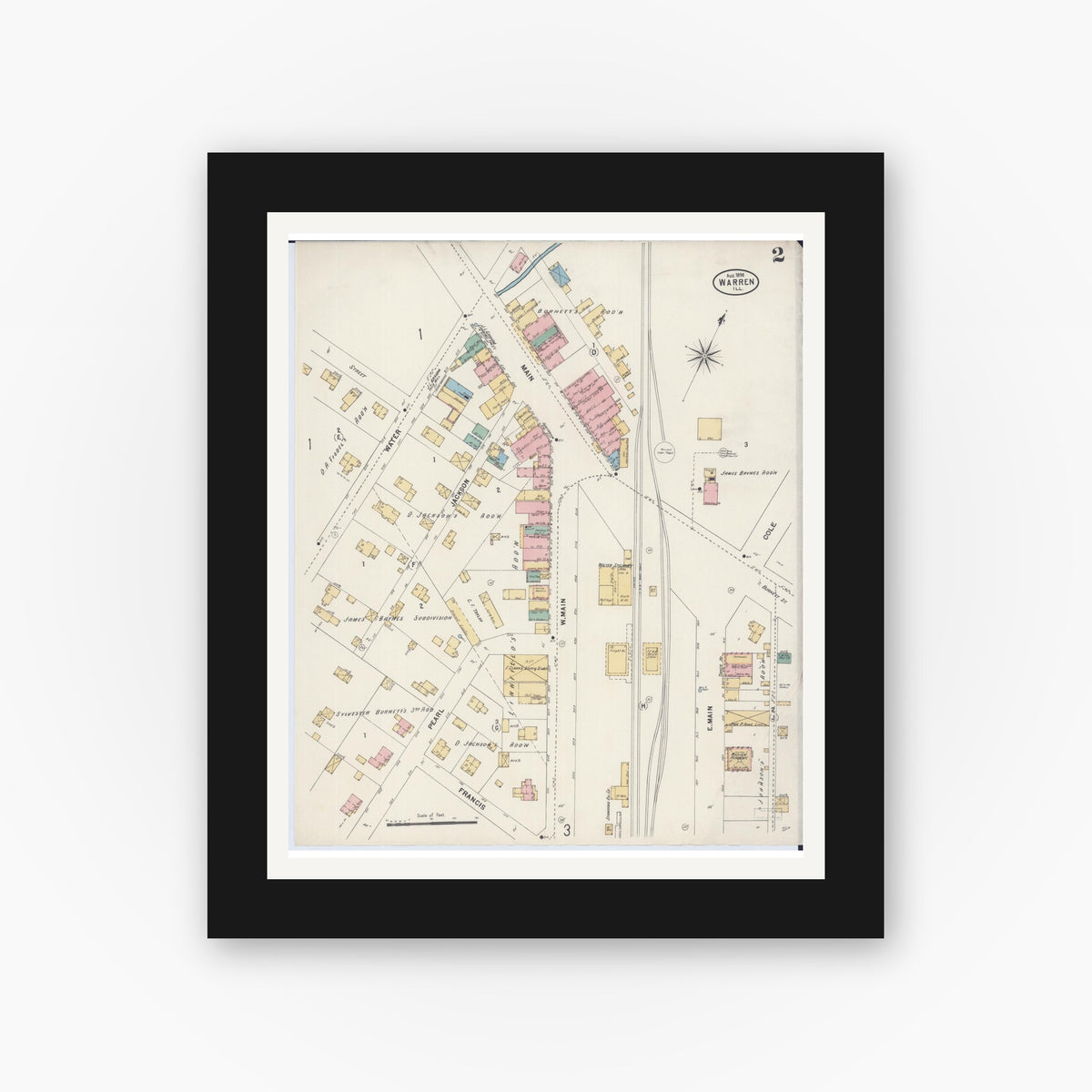 Old map wall art mockup — black gallery frame with white mat — Sanborn Fire Insurance Map from Warren, Jo Daviess County, Illinois (1898), Sheet #0002