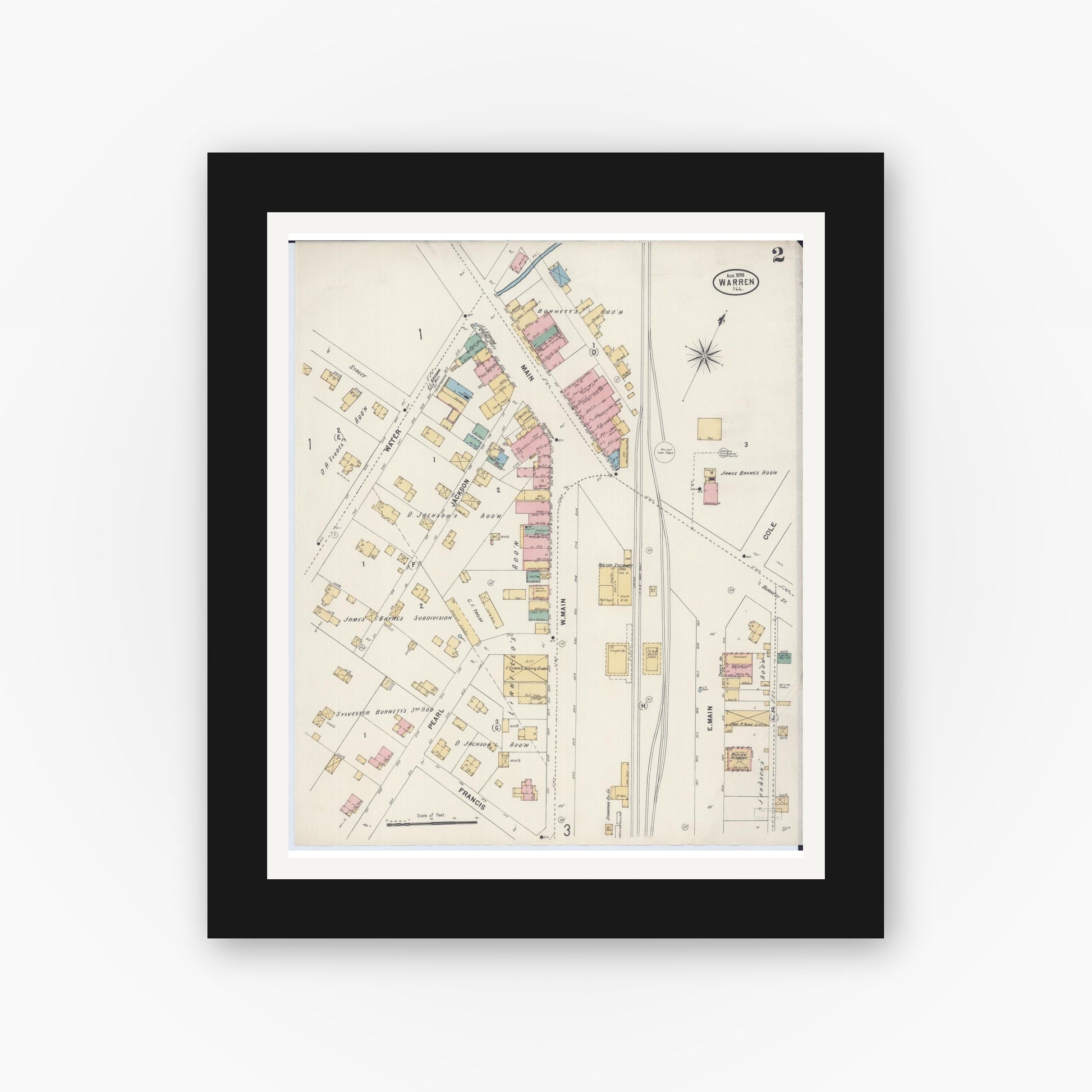 Old map wall art mockup — black gallery frame with white mat — Sanborn Fire Insurance Map from Warren, Jo Daviess County, Illinois (1898), Sheet #0002