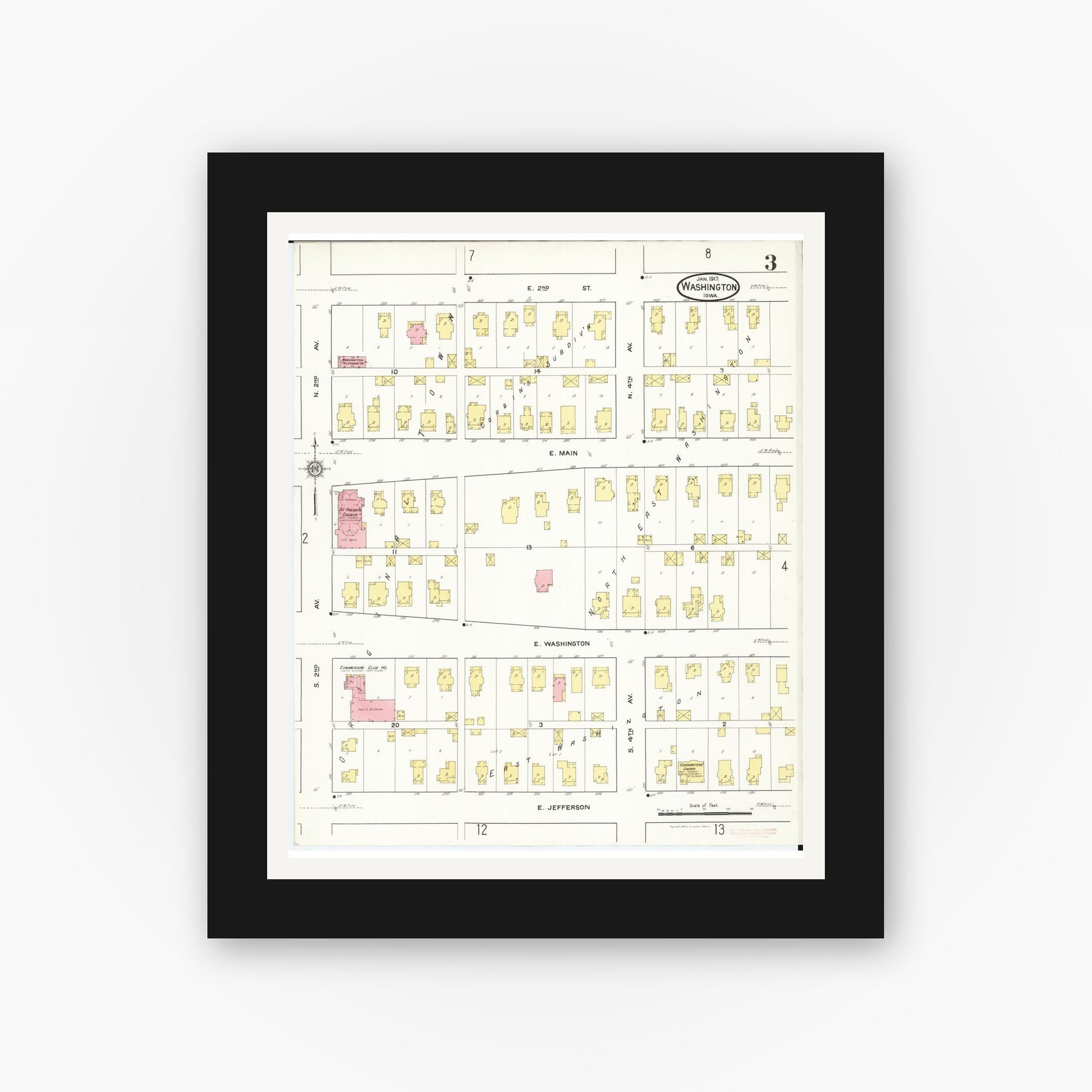 Old map wall art mockup — black gallery frame with white mat — Sanborn Fire Insurance Map from Washington, Washington County, Iowa (1917), Sheet #0003