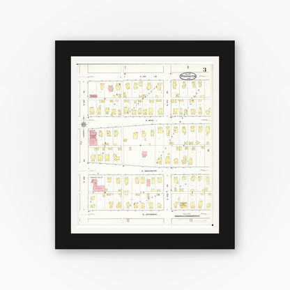 Old map wall art mockup — black gallery frame with white mat — Sanborn Fire Insurance Map from Washington, Washington County, Iowa (1917), Sheet #0003