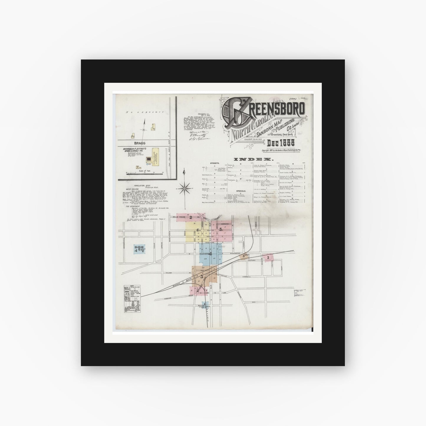 Old map wall art mockup — black gallery frame with white mat — Sanborn Fire Insurance Map from Greensboro, Guilford County, North Carolina (1888), Sheet #0001