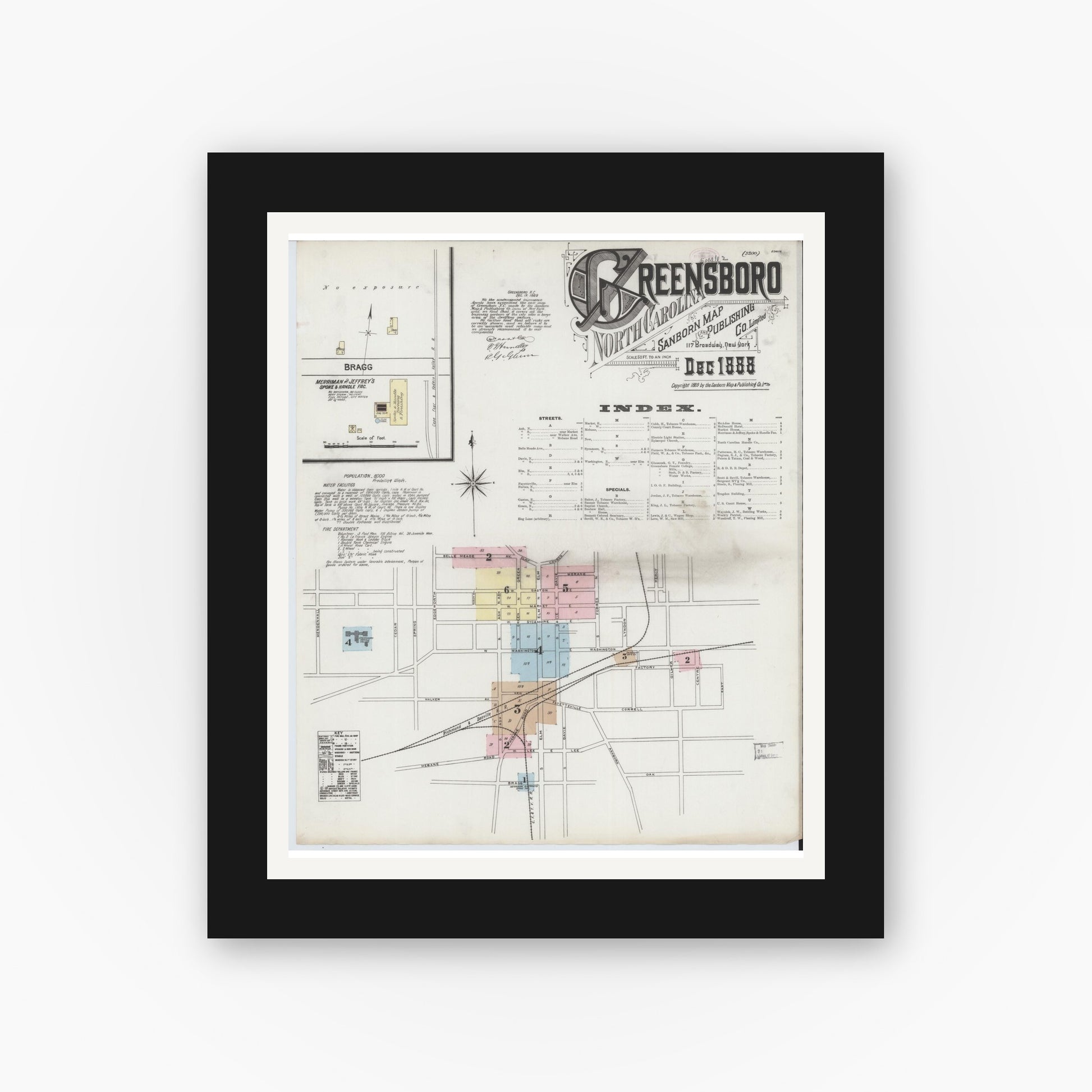 Old map wall art mockup — black gallery frame with white mat — Sanborn Fire Insurance Map from Greensboro, Guilford County, North Carolina (1888), Sheet #0001