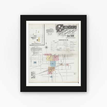 Old map wall art mockup — black gallery frame with white mat — Sanborn Fire Insurance Map from Greensboro, Guilford County, North Carolina (1888), Sheet #0001
