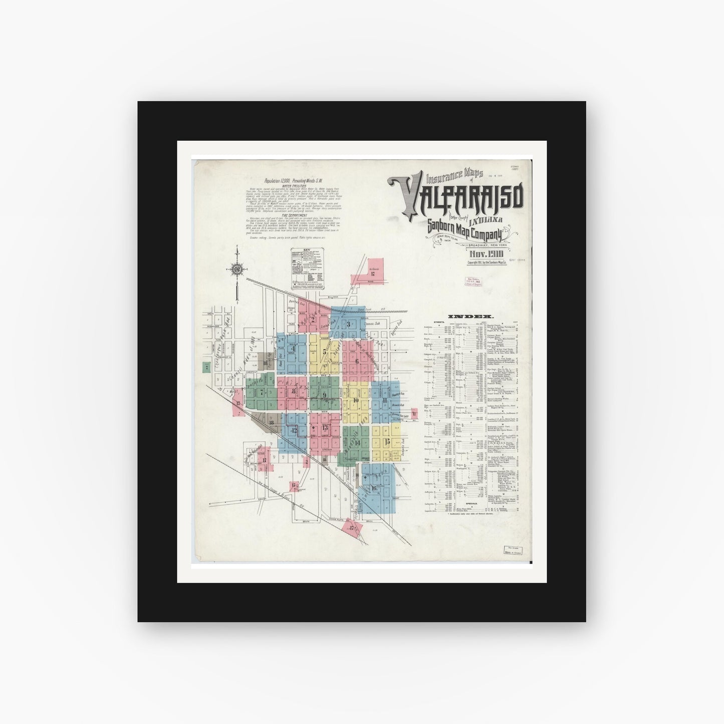 Old map wall art mockup — black gallery frame with white mat — Sanborn Fire Insurance Map from Valparaiso, Porter County, Indiana (1910) - Complete Map Set
