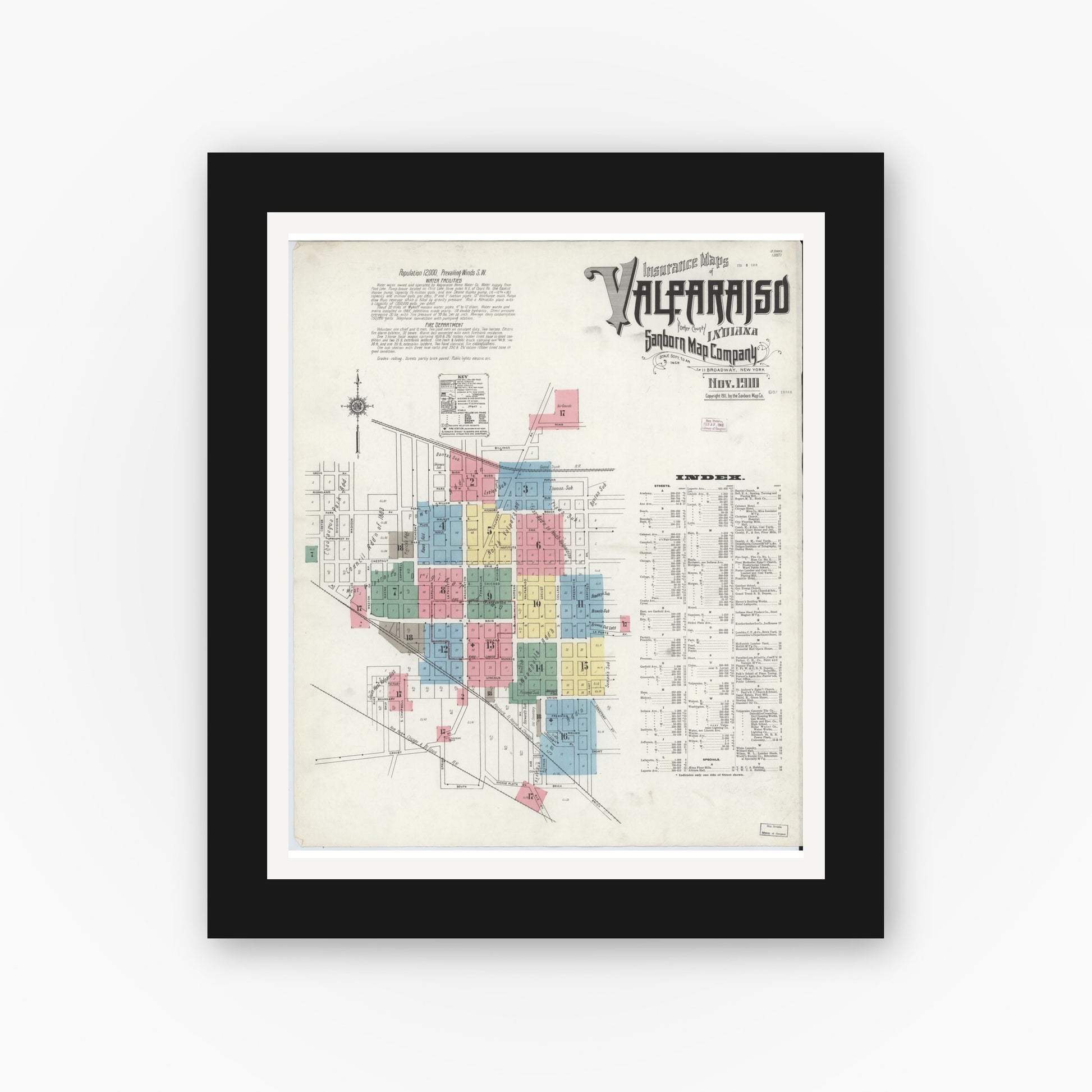 Old map wall art mockup — black gallery frame with white mat — Sanborn Fire Insurance Map from Valparaiso, Porter County, Indiana (1910) - Complete Map Set