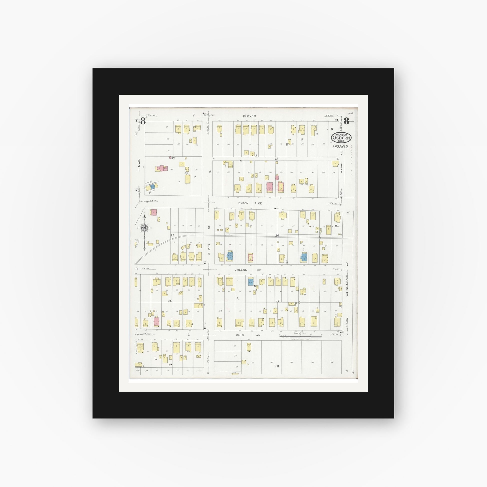 Old map wall art mockup — black gallery frame with white mat — Sanborn Fire Insurance Map from Osborn, Greene County, Ohio (1929), Sheet #0008