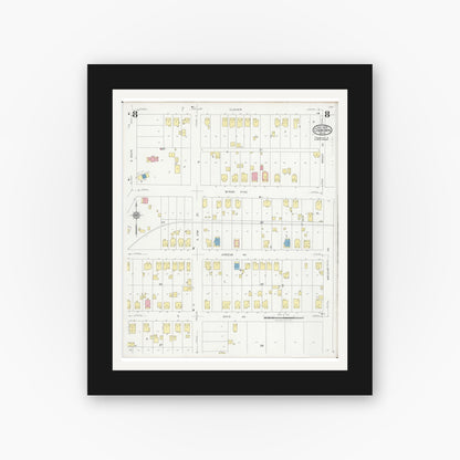 Old map wall art mockup — black gallery frame with white mat — Sanborn Fire Insurance Map from Osborn, Greene County, Ohio (1929), Sheet #0008