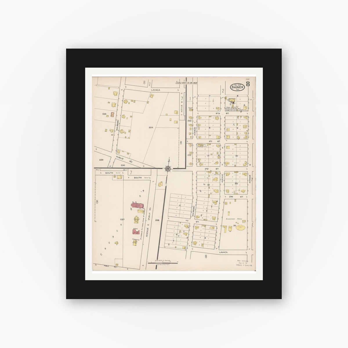Old map wall art mockup — black gallery frame with white mat — Sanborn Fire Insurance Map from Shiner, Lavaca County, Texas (1922), Sheet #0008