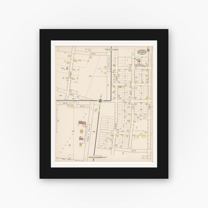 Old map wall art mockup — black gallery frame with white mat — Sanborn Fire Insurance Map from Shiner, Lavaca County, Texas (1922), Sheet #0008