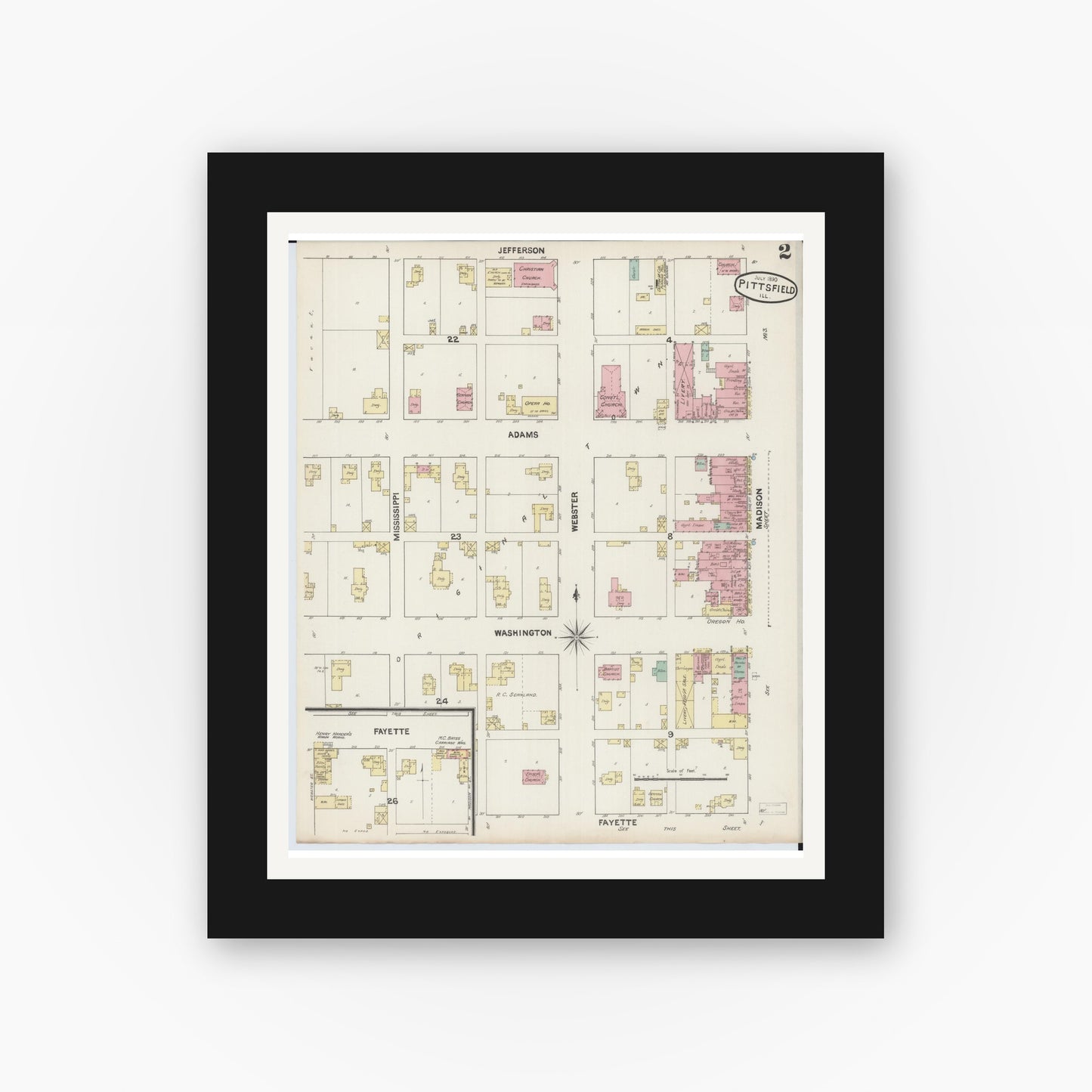 Old map wall art mockup — black gallery frame with white mat — Sanborn Fire Insurance Map from Pittsfield, Pike County, Illinois (1890), Sheet #0002