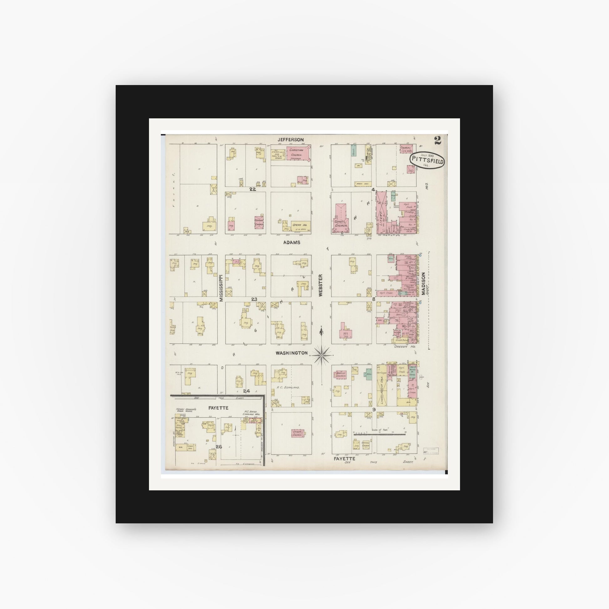 Old map wall art mockup — black gallery frame with white mat — Sanborn Fire Insurance Map from Pittsfield, Pike County, Illinois (1890), Sheet #0002