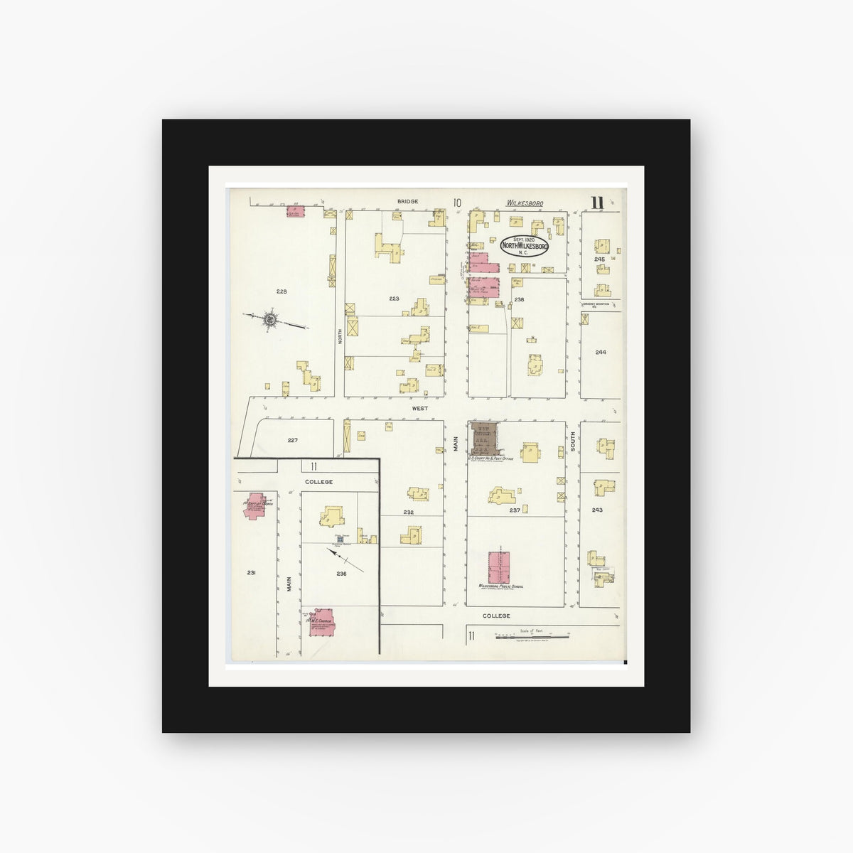 Old map wall art mockup — black gallery frame with white mat — Sanborn Fire Insurance Map from North Wilkesboro, Wilkes County, North Carolina (1920), Sheet #0011
