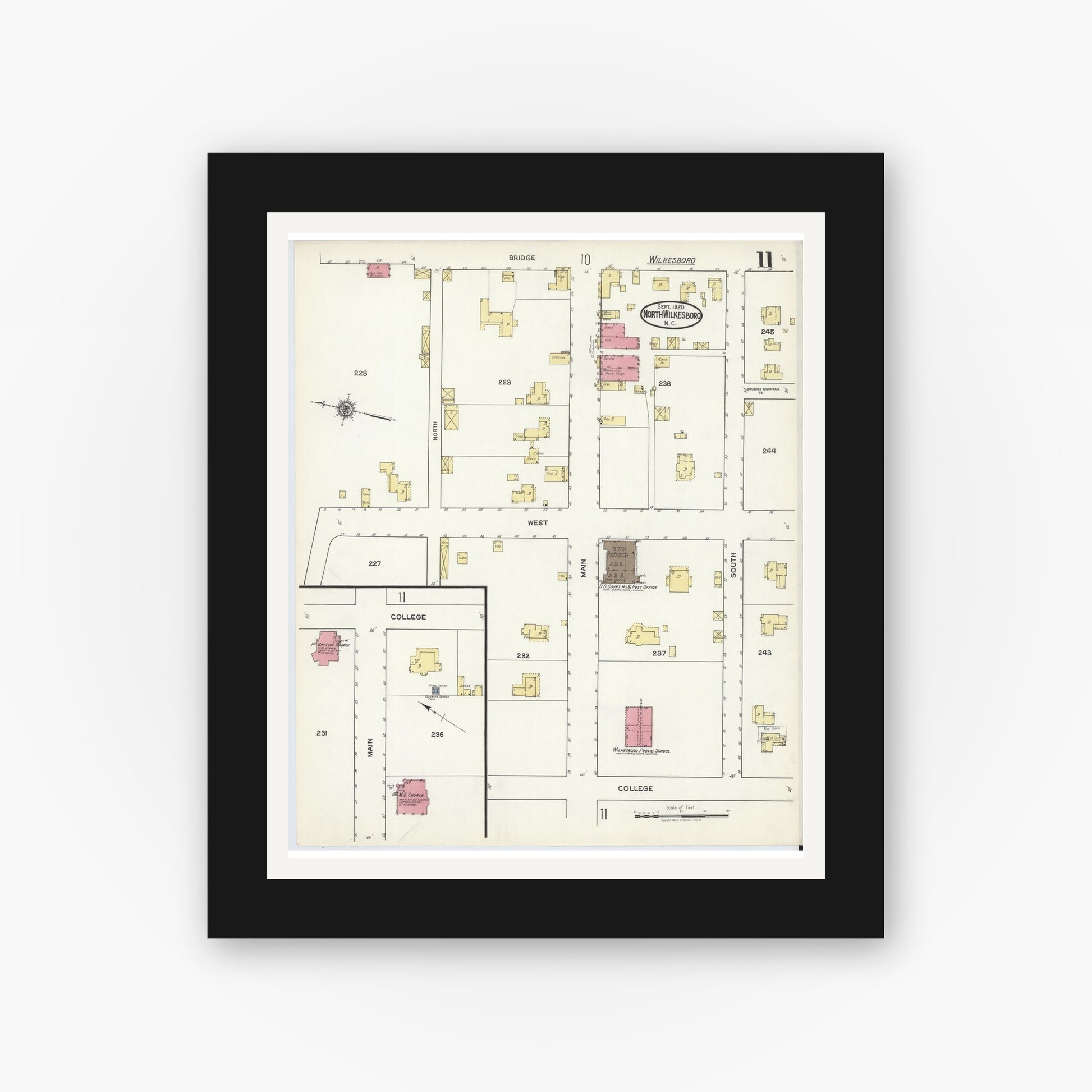 Old map wall art mockup — black gallery frame with white mat — Sanborn Fire Insurance Map from North Wilkesboro, Wilkes County, North Carolina (1920), Sheet #0011