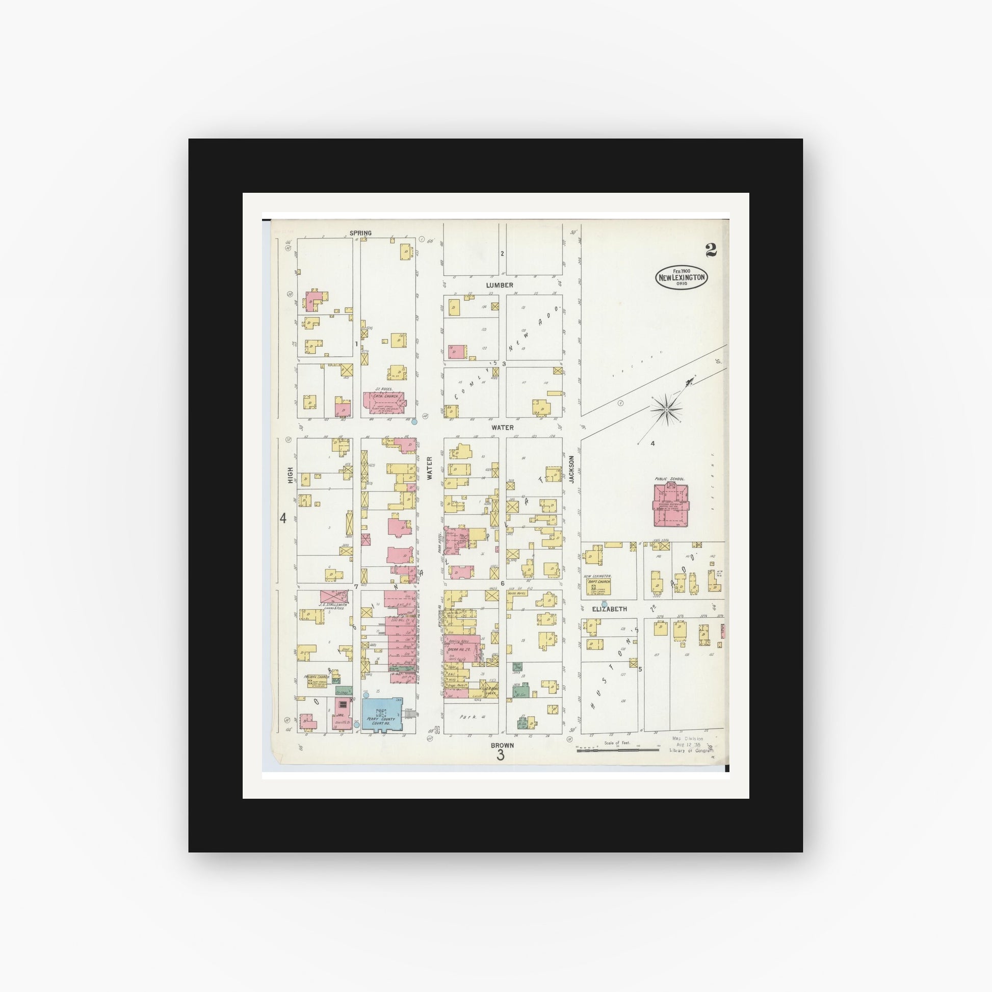 Old map wall art mockup — black gallery frame with white mat — Sanborn Fire Insurance Map from New Lexington, Perry County, Ohio (1900), Sheet #0002