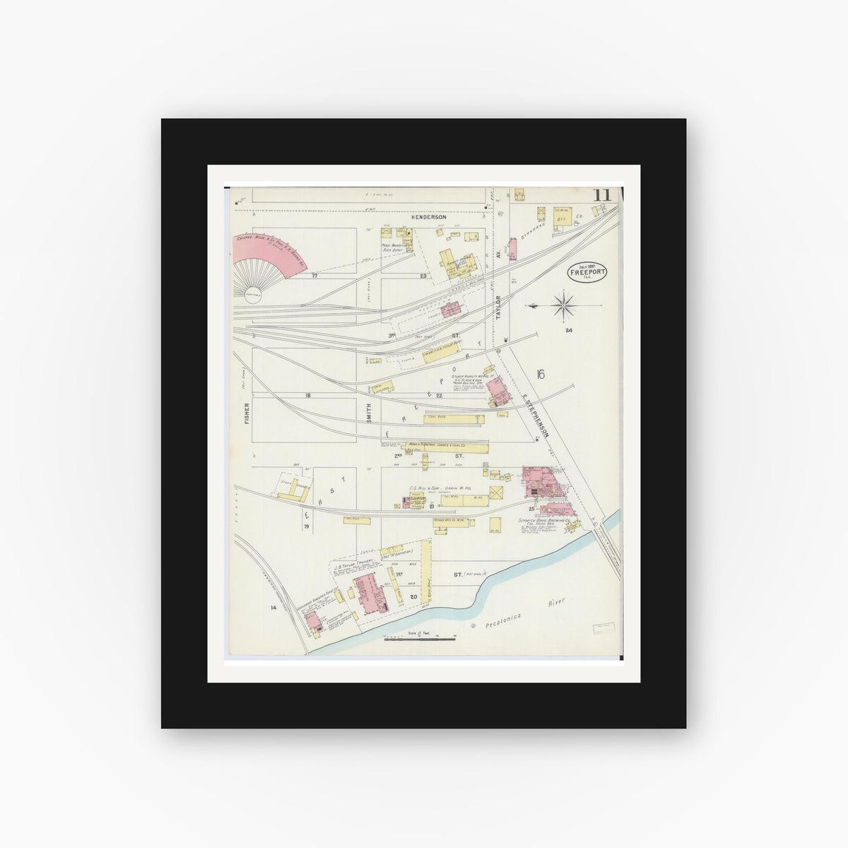 Old map wall art mockup — black gallery frame with white mat — Sanborn Fire Insurance Map from Freeport, Stephenson County, Illinois (1897), Sheet #0011