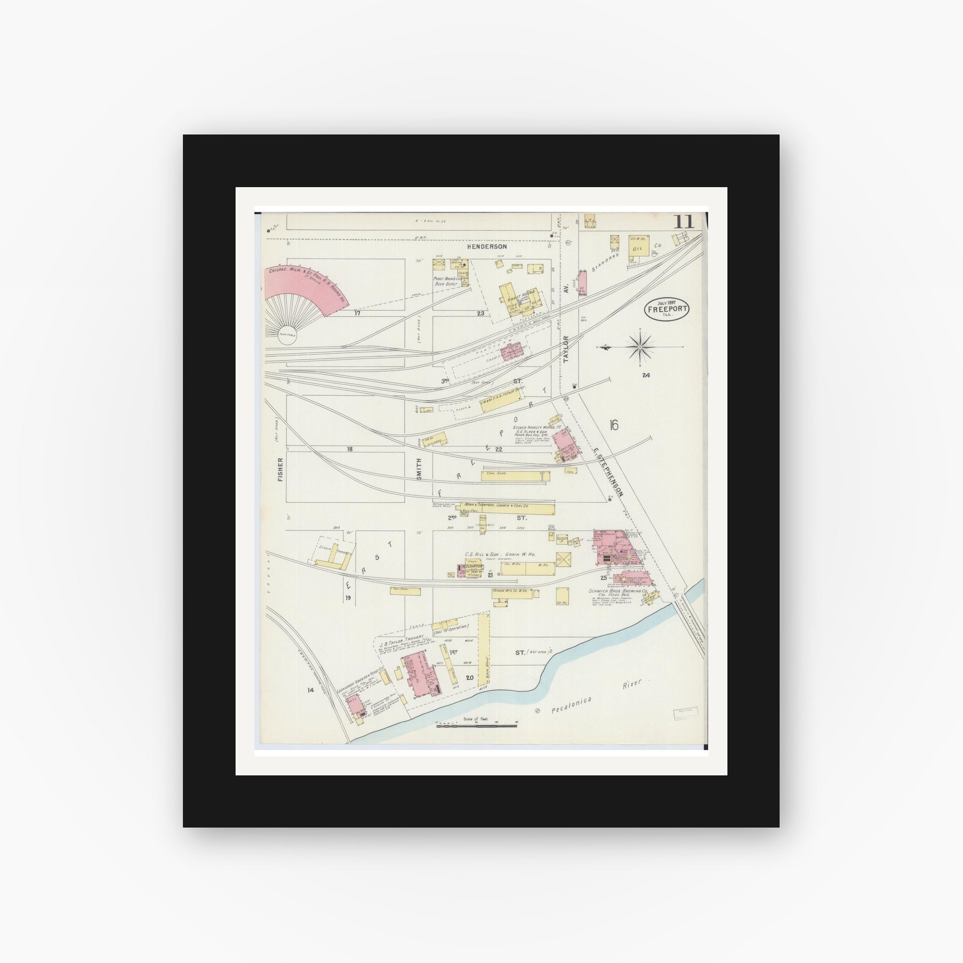 Old map wall art mockup — black gallery frame with white mat — Sanborn Fire Insurance Map from Freeport, Stephenson County, Illinois (1897), Sheet #0011