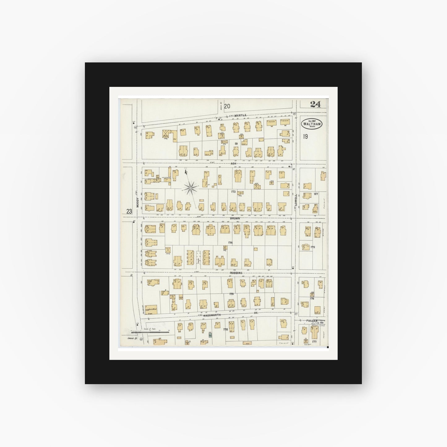 Old map wall art mockup — black gallery frame with white mat — Sanborn Fire Insurance Map from Waltham, Middlesex County, Massachusetts (1897), Sheet #0024