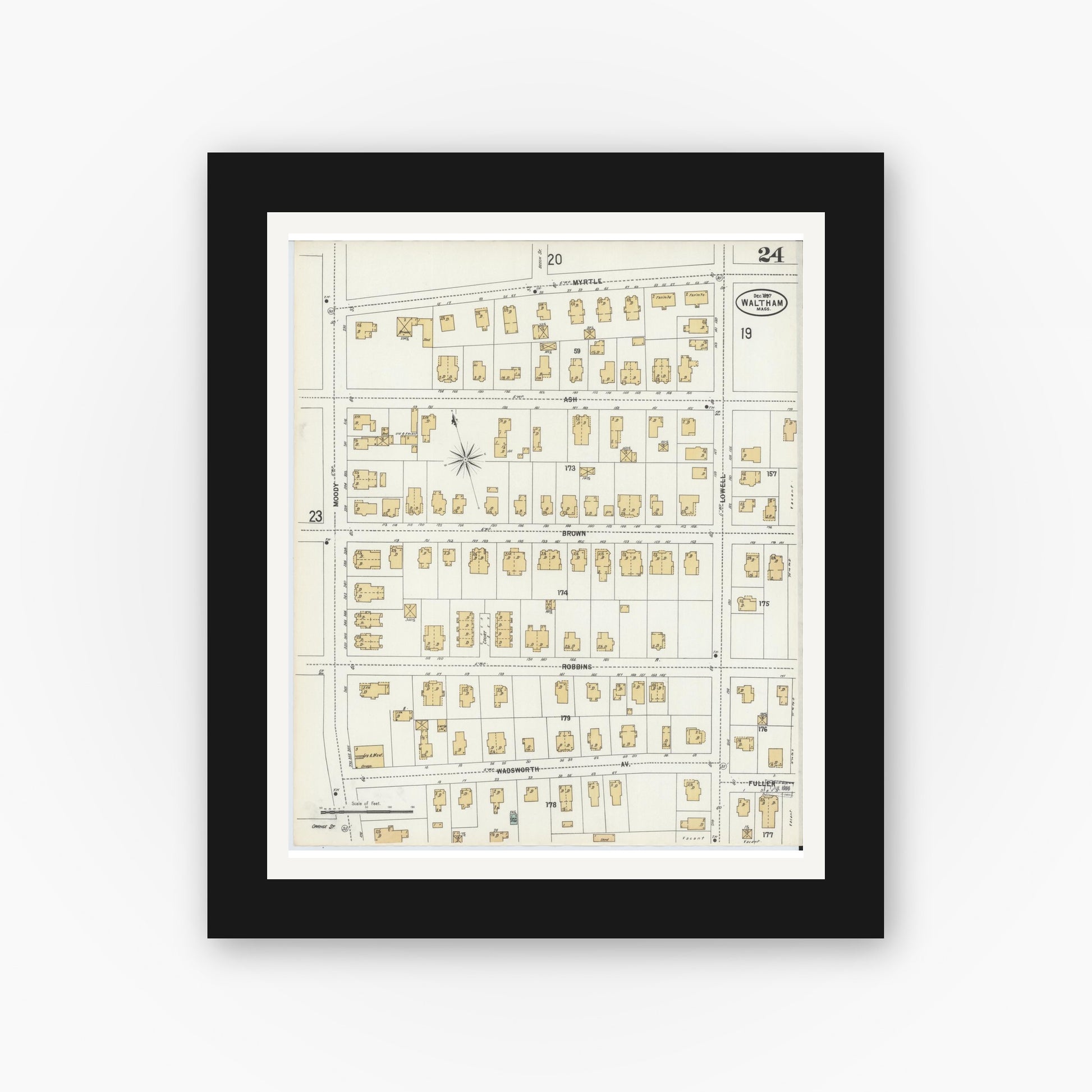 Old map wall art mockup — black gallery frame with white mat — Sanborn Fire Insurance Map from Waltham, Middlesex County, Massachusetts (1897), Sheet #0024