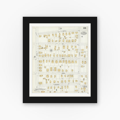 Old map wall art mockup — black gallery frame with white mat — Sanborn Fire Insurance Map from Waltham, Middlesex County, Massachusetts (1897), Sheet #0024