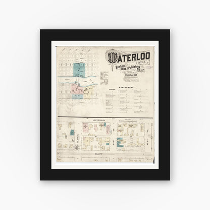 Old map wall art mockup — black gallery frame with white mat — Sanborn Fire Insurance Map from Waterloo, Black Hawk County, Iowa (1885) â€” Complete Set