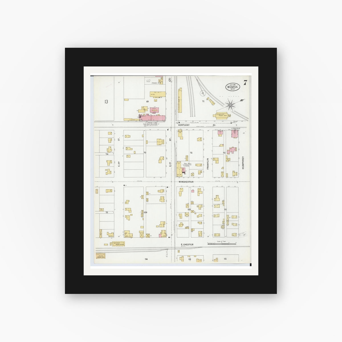 Old map wall art mockup — black gallery frame with white mat — Sanborn Fire Insurance Map from Monroe, Monroe County, Michigan (1899), Sheet #0007