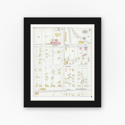 Old map wall art mockup — black gallery frame with white mat — Sanborn Fire Insurance Map from Monroe, Monroe County, Michigan (1899), Sheet #0007