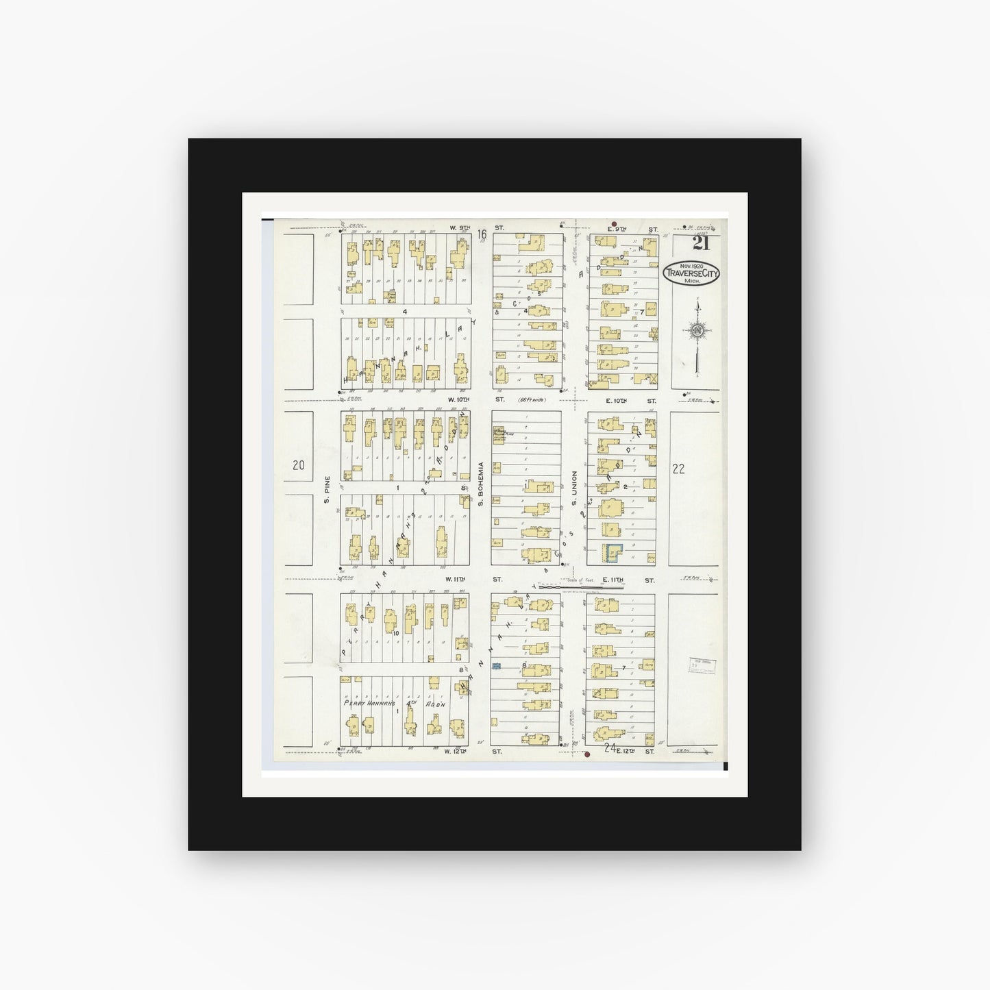 Old map wall art mockup — black gallery frame with white mat — Sanborn Fire Insurance Map from Traverse City, Grand Traverse County, Michigan (1920), Sheet #0021