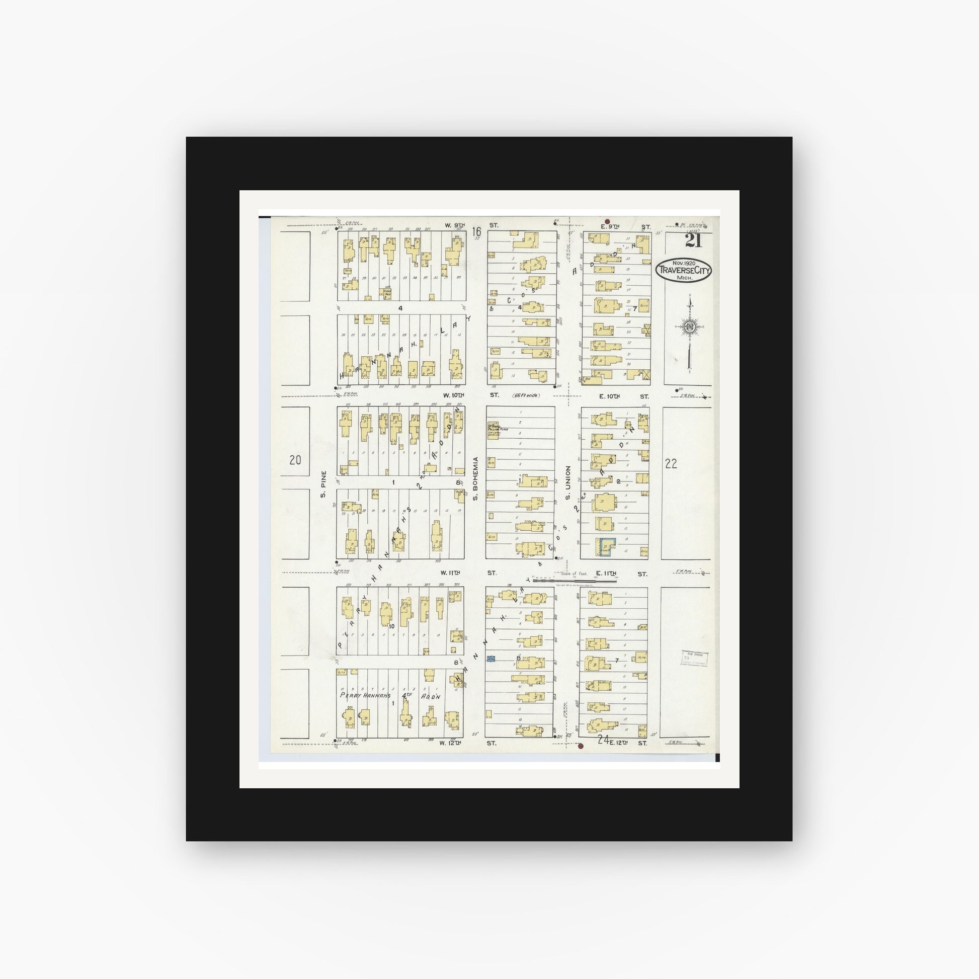 Old map wall art mockup — black gallery frame with white mat — Sanborn Fire Insurance Map from Traverse City, Grand Traverse County, Michigan (1920), Sheet #0021