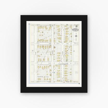Old map wall art mockup — black gallery frame with white mat — Sanborn Fire Insurance Map from Traverse City, Grand Traverse County, Michigan (1920), Sheet #0021