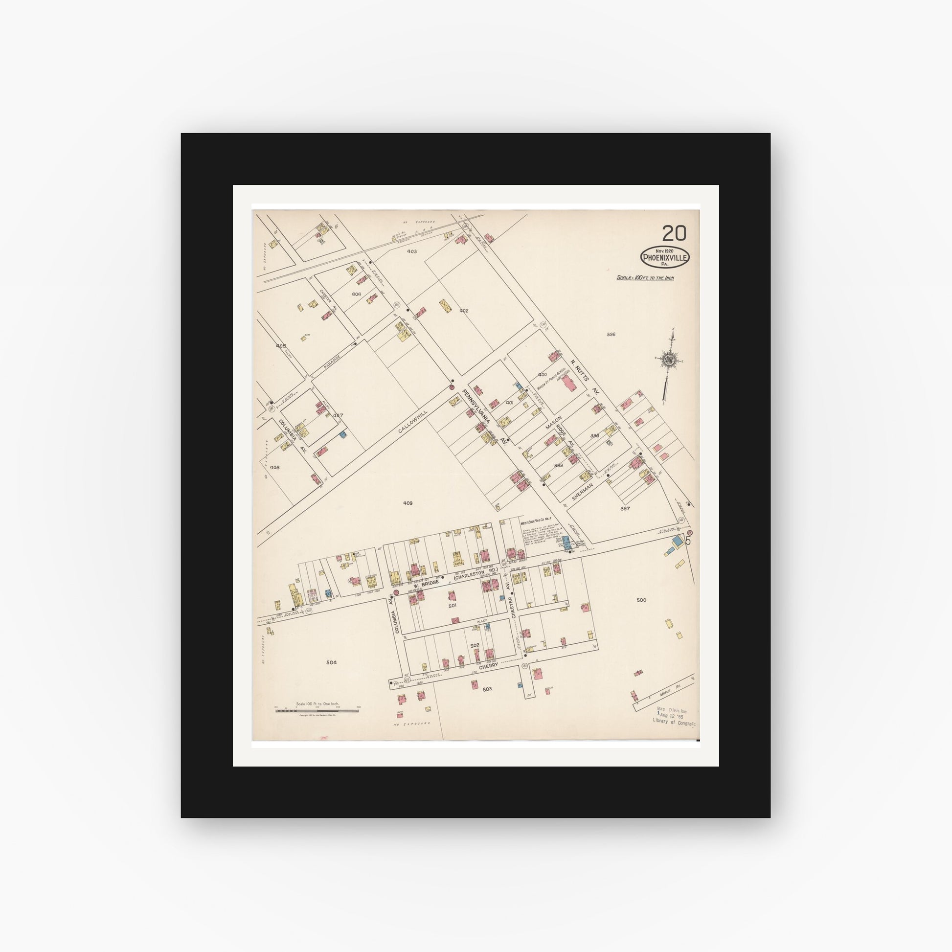 Old map wall art mockup — black gallery frame with white mat — Sanborn Fire Insurance Map from Phoenixville, Chester County, Pennsylvania (1921), Sheet #0020