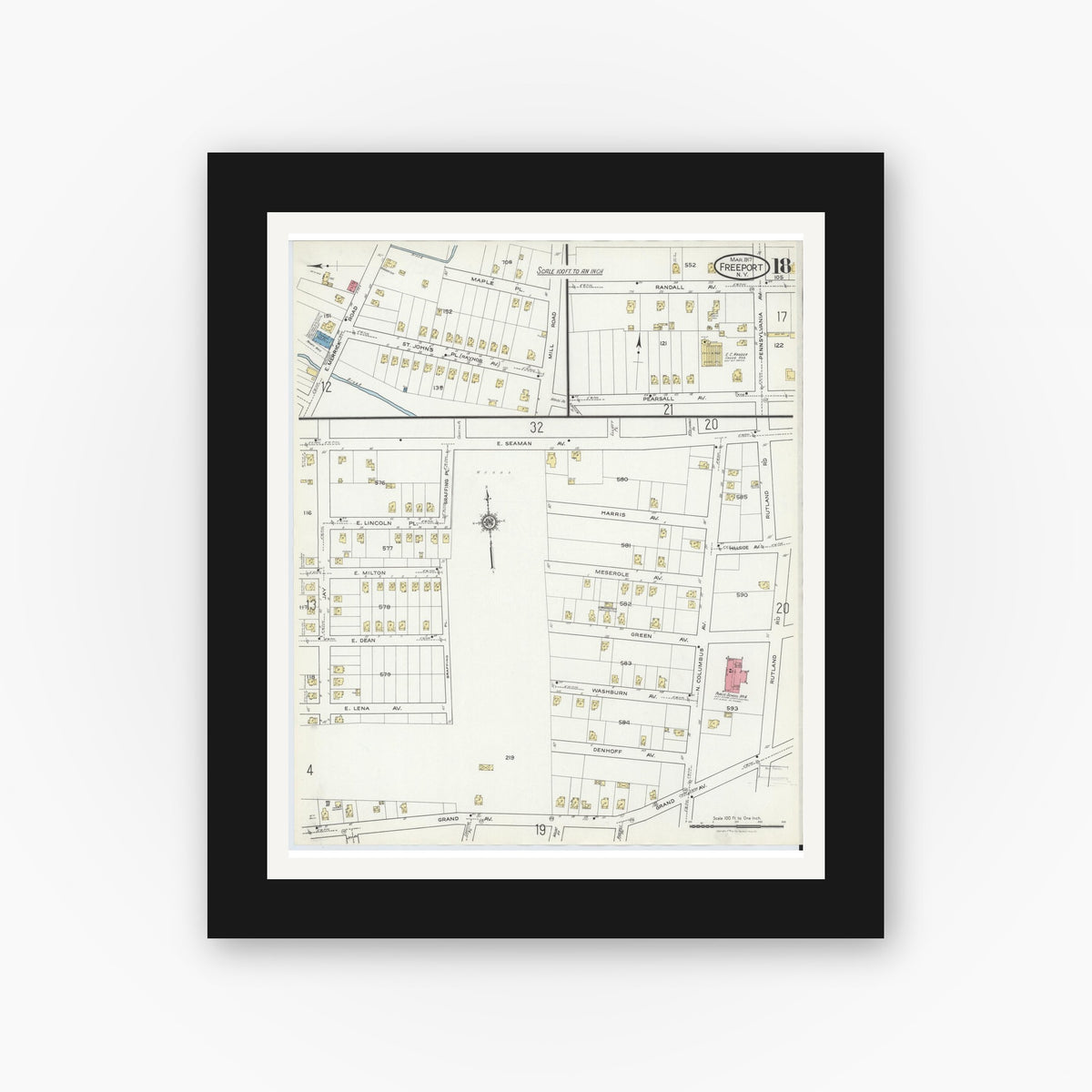 Old map wall art mockup — black gallery frame with white mat — Sanborn Fire Insurance Map from Freeport, Nassau County, New York (1917), Sheet #0018