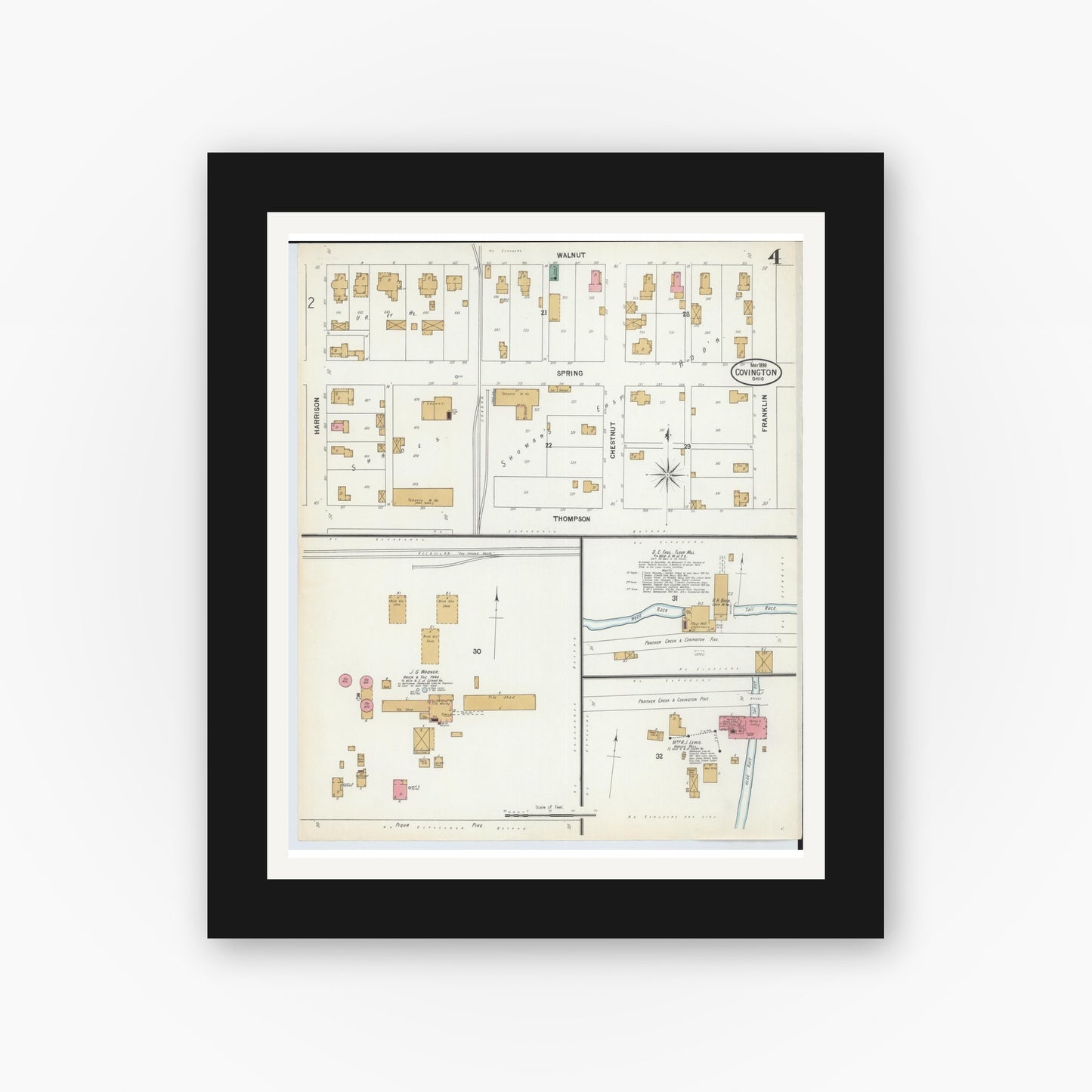 Old map wall art mockup — black gallery frame with white mat — Sanborn Fire Insurance Map from Covington, Miami County, Ohio (1899), Sheet #0004