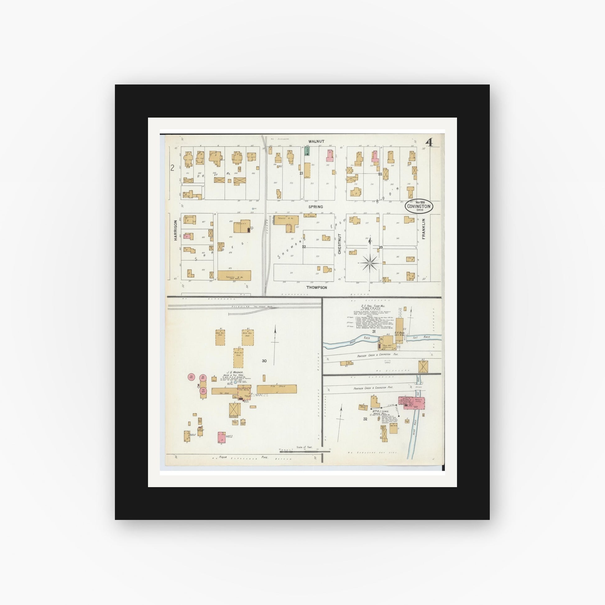 Old map wall art mockup — black gallery frame with white mat — Sanborn Fire Insurance Map from Covington, Miami County, Ohio (1899), Sheet #0004