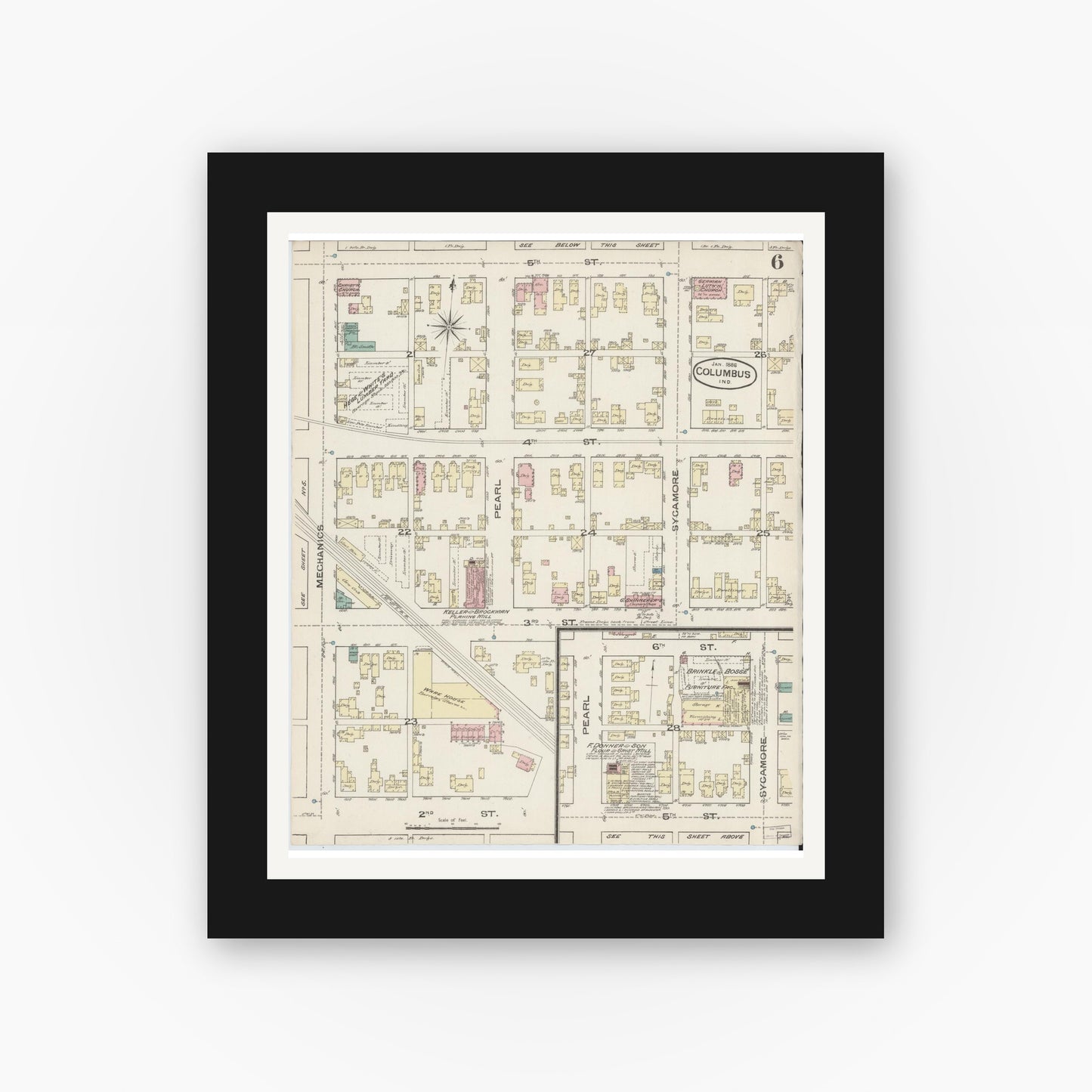 Old map wall art mockup — black gallery frame with white mat — Sanborn Fire Insurance Map from Columbus, Bartholomew County, Indiana (1886), Sheet #0006