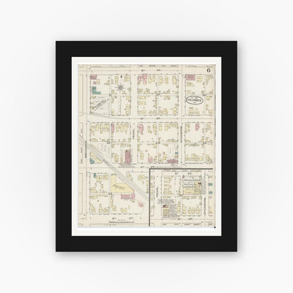 Old map wall art mockup — black gallery frame with white mat — Sanborn Fire Insurance Map from Columbus, Bartholomew County, Indiana (1886), Sheet #0006