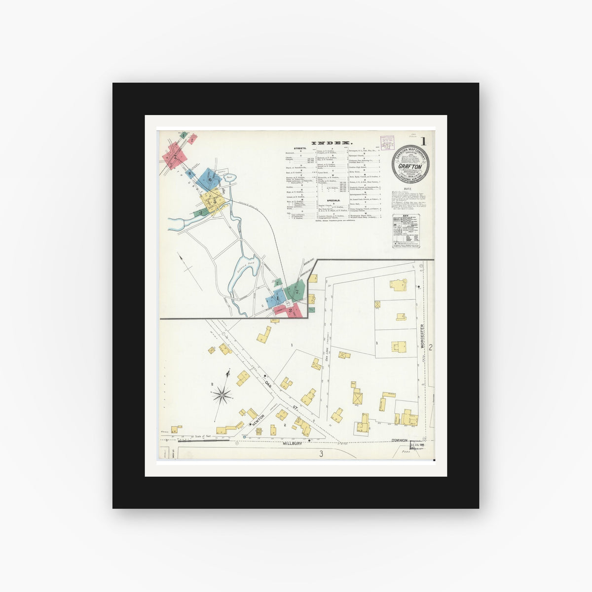 Old map wall art mockup — black gallery frame with white mat — Sanborn Fire Insurance Map from Grafton, Worcester County, Massachusetts (1904), Sheet #0001