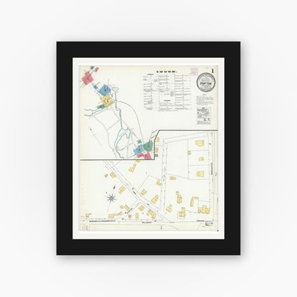 Old map wall art mockup — black gallery frame with white mat — Sanborn Fire Insurance Map from Grafton, Worcester County, Massachusetts (1904), Sheet #0001