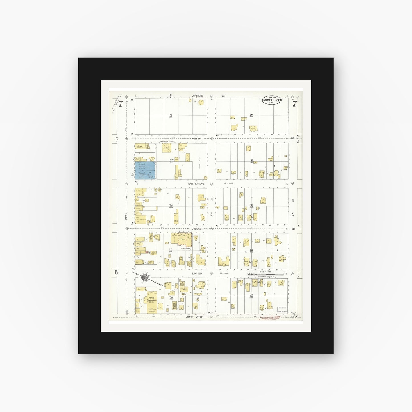 Old map wall art mockup — black gallery frame with white mat — Sanborn Fire Insurance Map from Carmel By The Sea, Monterey County, California (1924), Sheet #0007