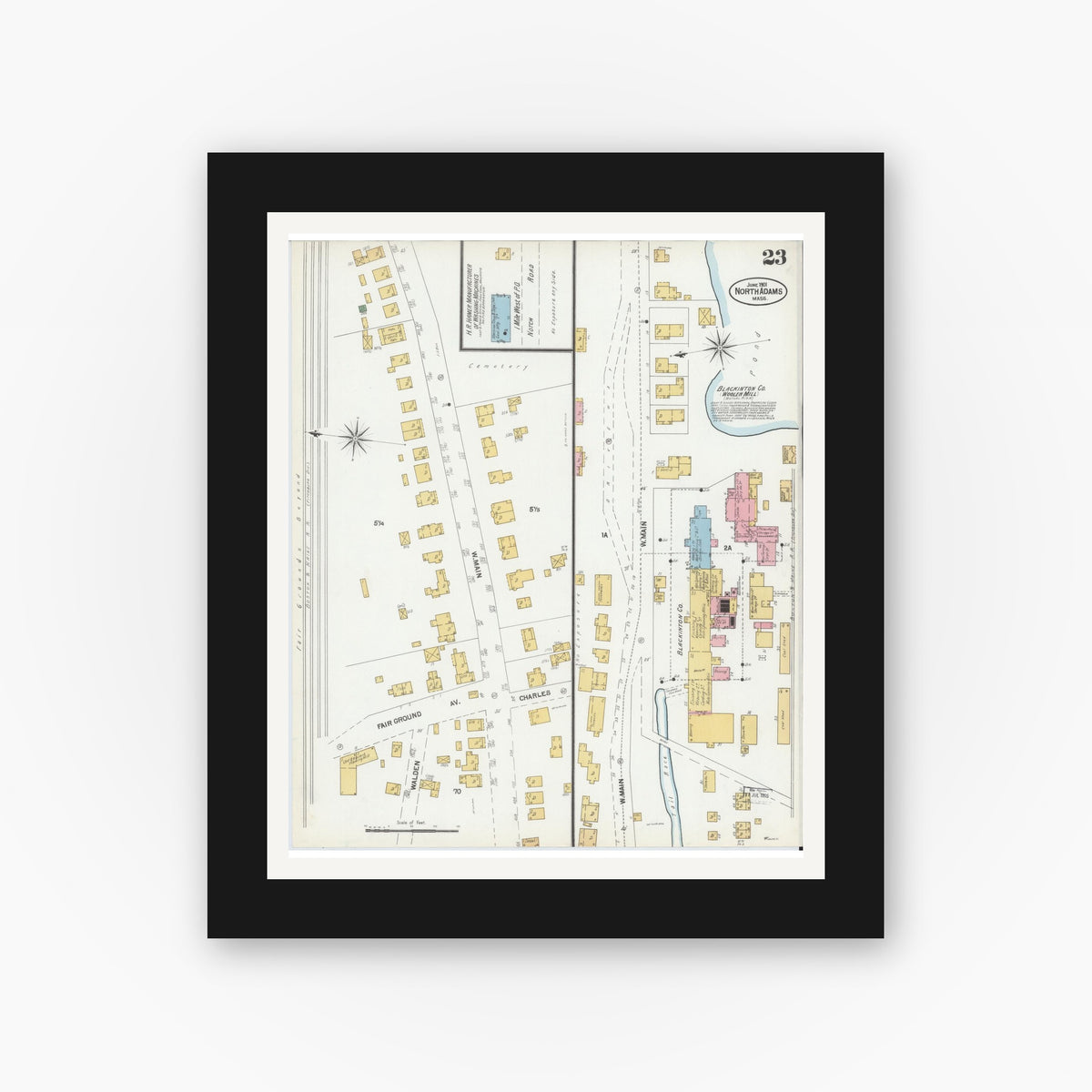 Old map wall art mockup — black gallery frame with white mat — Sanborn Fire Insurance Map from North Adams, Berkshire County, Massachusetts (1901), Sheet #0023