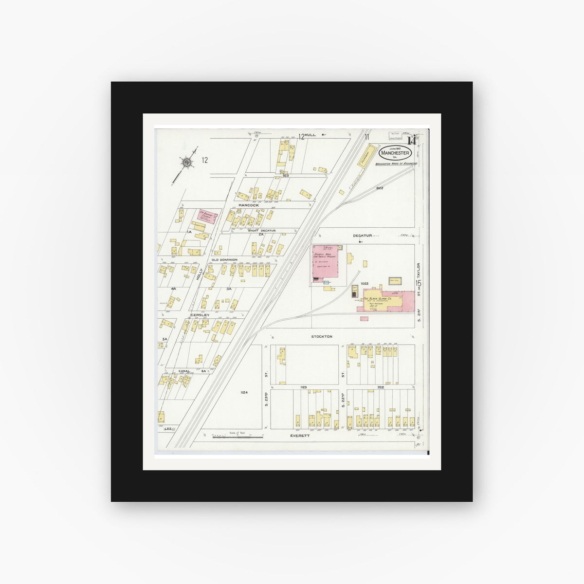 Old map wall art mockup — black gallery frame with white mat — Sanborn Fire Insurance Map from Manchester, Chesterfield County, Virginia (1910), Sheet #0014