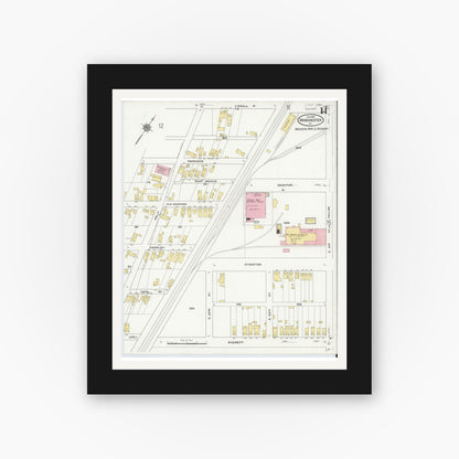 Old map wall art mockup — black gallery frame with white mat — Sanborn Fire Insurance Map from Manchester, Chesterfield County, Virginia (1910), Sheet #0014