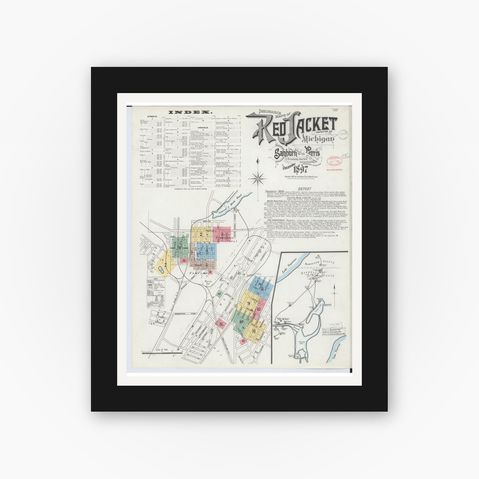 Old map wall art mockup — black gallery frame with white mat — Sanborn Fire Insurance Map from Red Jacket, Houghton County, Michigan (1897) - Complete Map Set